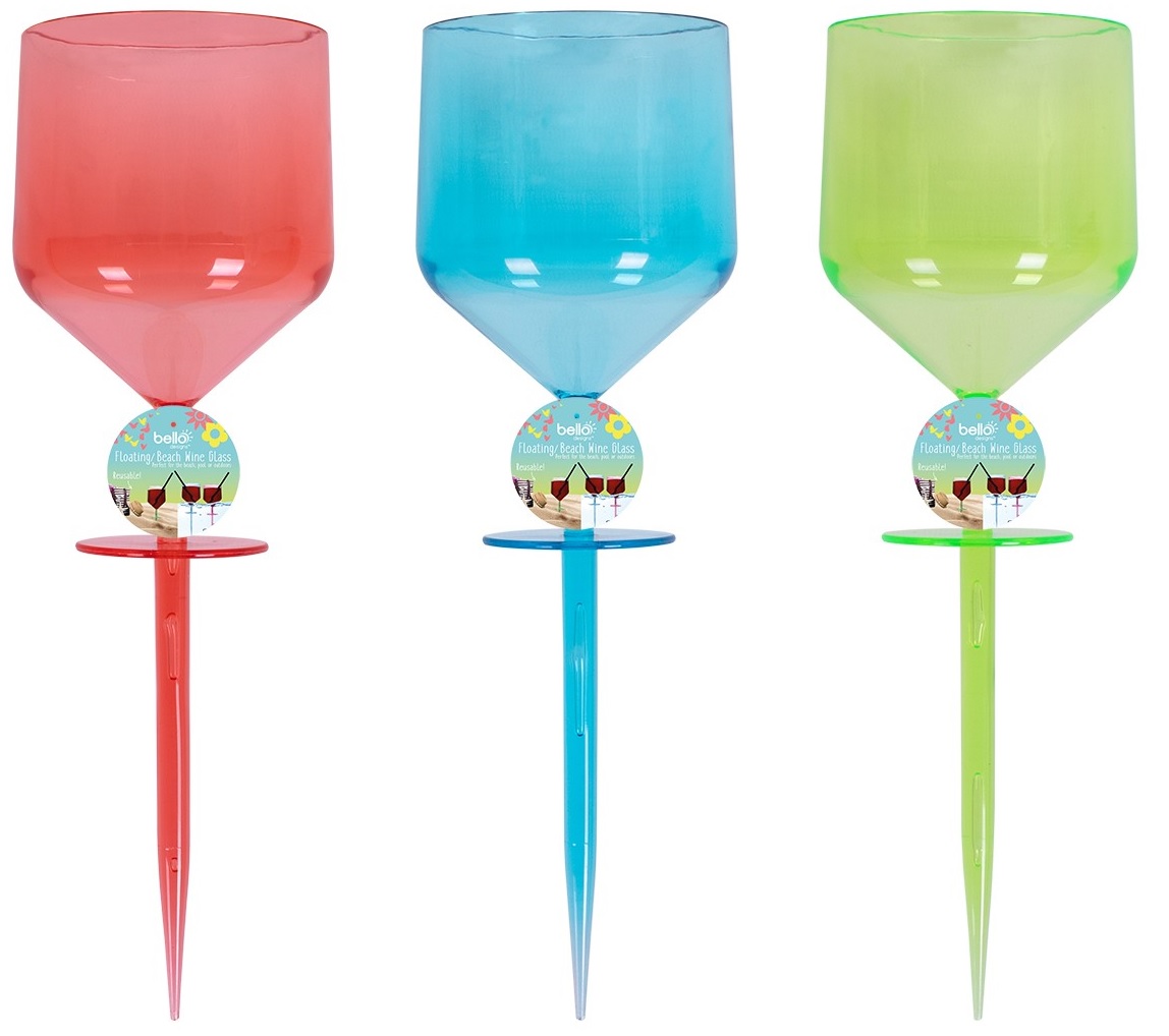 Set Of 3 Coloured Floating Wine Glasses With Ground Stake Water Beach
