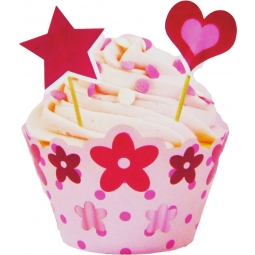 Cupcake Wraps & Decorative Picks - 12 Wraps 24 Picks Assorted Designs