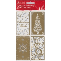 Pack Of 20 Self Adhesive CoOrdinating Christmas Gift Parcel Tags Gold White Swir
