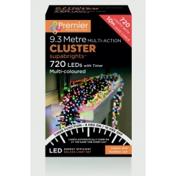 720 Premier Multi Coloured LED Multi Action Christmas Cluster Timer Lights 9.3M