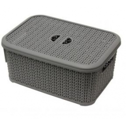 6L Loop Effect Grey Rectangle Plastic Storage Basket With Lid 28cm x 20cm x 12cm