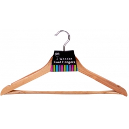 Pack Of 2 Traditional Classic Adult Wooden Coat Hangers Trouser Bar Metal Hook