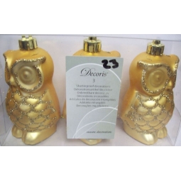 Decoris Owl Shape Shatterproof Christmas Bauble 3 Pack 8cm - Gold - 028788