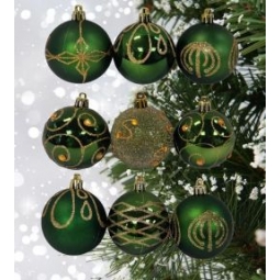 9 Decorated Green Baubles 6cm