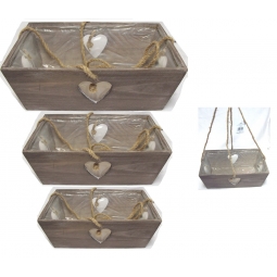 Set Of 3 Wooden Hanging Basket Lined Planters With Heart Cut Out & Rope Handles