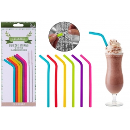Pack Of 6 Reusable Multi Coloured Silicone Drinking Straws With Cleaning Brushes