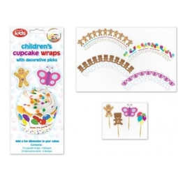 36 Piece Children's Cupcake Wraps & Decorative Picks Set 12 Wraps 24 Picks