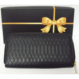 Ladies Fx Leather Long Zip Clutch Purse Multi Compartment Card Holder Black Snak
