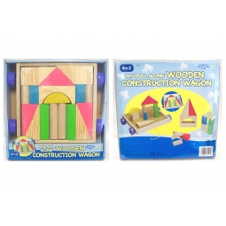A-Z My Pull Along Wooden Construction Wagon Wood Building Blocks Cart 18 Months+