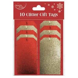 Pack Of 10 Christmas Glitter Gift Tags With Ribbon 5 Gold And 5 Red 11cm