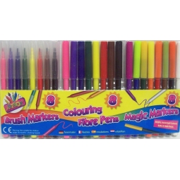 Pack Of 24 ArtBox Assorted Kids Colouring Pens Brush Fibre & Magic Marker Pens