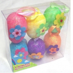 Packs Of 6 Decorative Hanging Bright Foam Glitter Easter Eggs On Ribbon