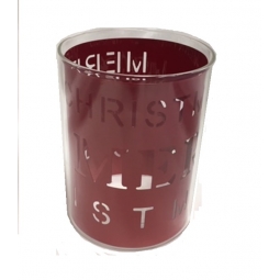 Red Merry Christmas Festive Glass Tea Light Holder With Script Insert 12cm x 9cm
