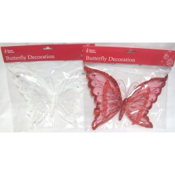 Large Clip On Wire Glitter Butterfly Decoration Red & White 30cm x 23cm