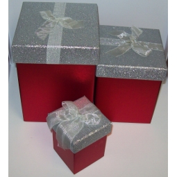 Set Of 3 Red Glitter Christmas Boxes With Red Bow And Silver Foil Base Glitter
