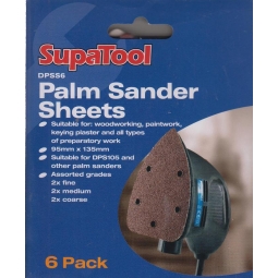 SupaTool Pack Of 6 Palm Sander Sheets Fine Medium & Coarse 95mm x 135mm