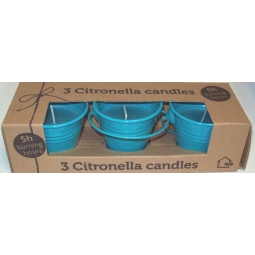 Set Of 3 Citronella Wax Candles In Decorative Coloured Iron Bucket 5H - Blue