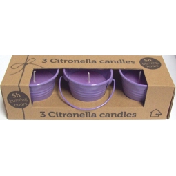 Set Of 3 Citronella Wax Candles In Decorative Coloured Iron Bucket 5H - Lilac