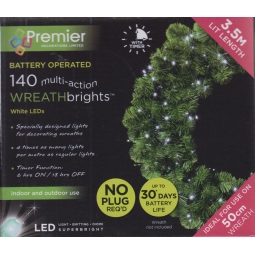 Premier 140 White LED Multi Action Battery Christmas Wreath Lights In Outdoor