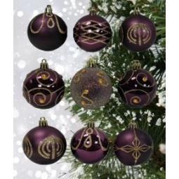 9 Decorated Plum Baubles 6cm