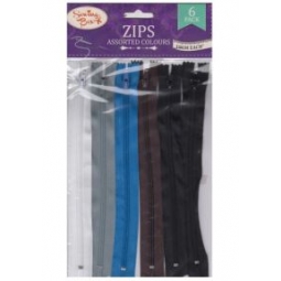 Pack Of 6 Assorted Coloured Replacement Zips 18cm Black Blue White Grey Brown
