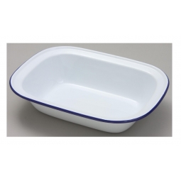 Falcon 22cm Oblong Enamel Pie Dish Non Stick Oven Baking Dish White Blue Rim