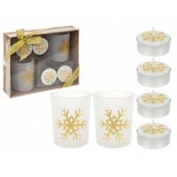 6 Piece Christmas Tealight Candle & Holder Set Frosted Glitter Snowflake - Gold