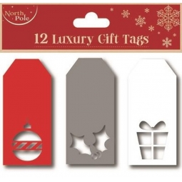 Pack Of 12 Luxury Gift Tags White & Silver & Red With String 3 Assorted Colours
